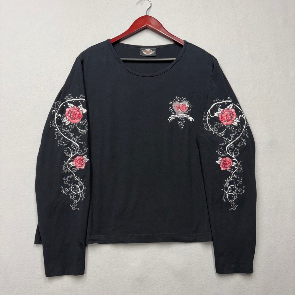 Harley Davidson Shirt Women 1XL Black Rose Heart Rhinestone Long Sleeve Y2K Top